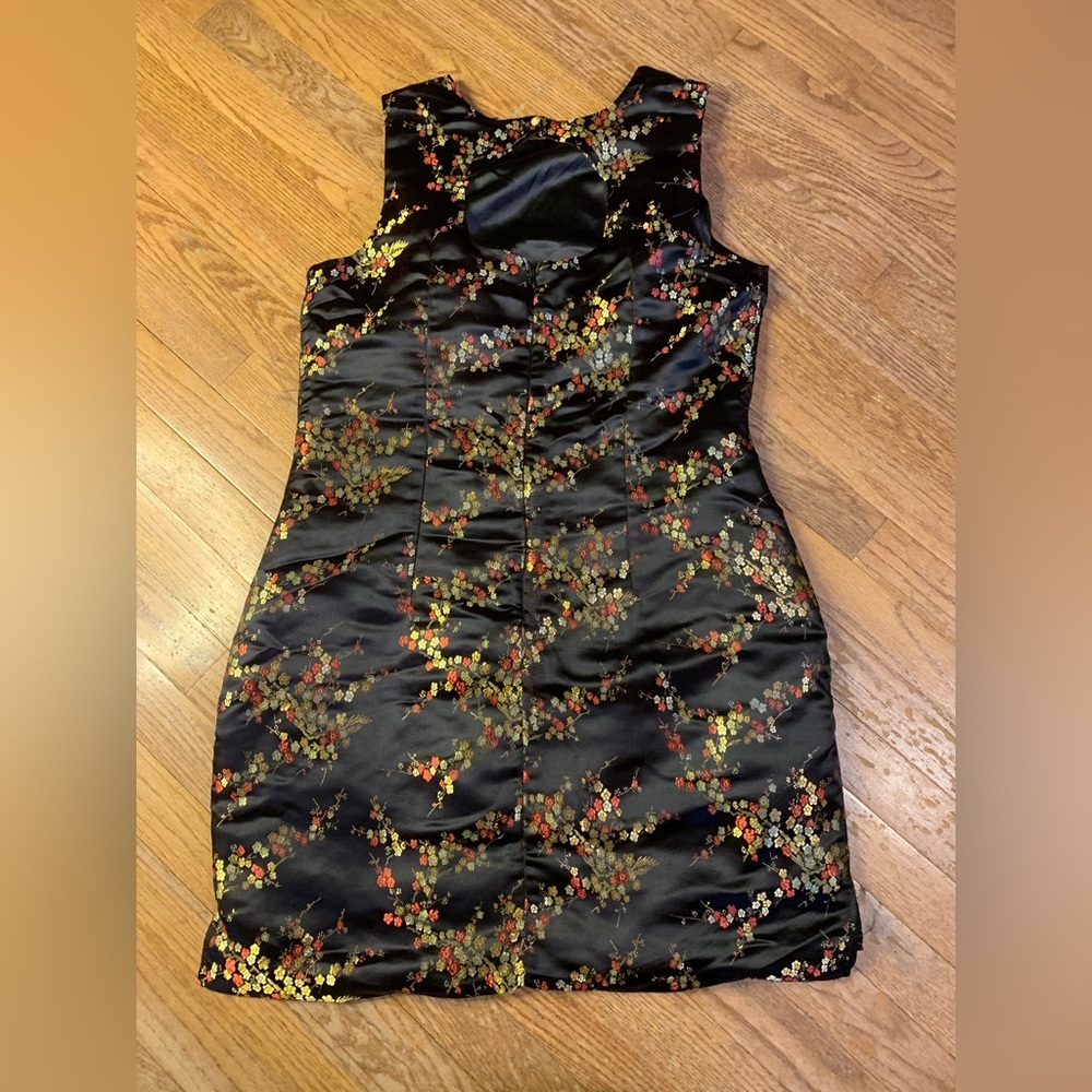 Vintage 90s Suzy Shier Floral Satin Cheongsam Qipao Mini Dress Black XL - Picture 2 of 10